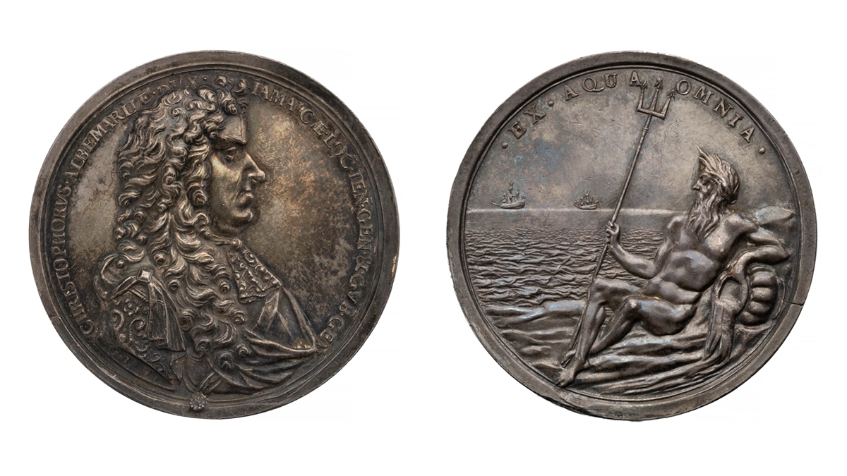 Figure 8: Silver medal by George Bowers issued in 1687 commemorating the Duke of Albemarle’s involvement in the salvage of the wreck of the Nuestra Señora de la Limpia y Pure Concepción (ANS 1905.57.512, gift of Daniel Parish, Jr.).