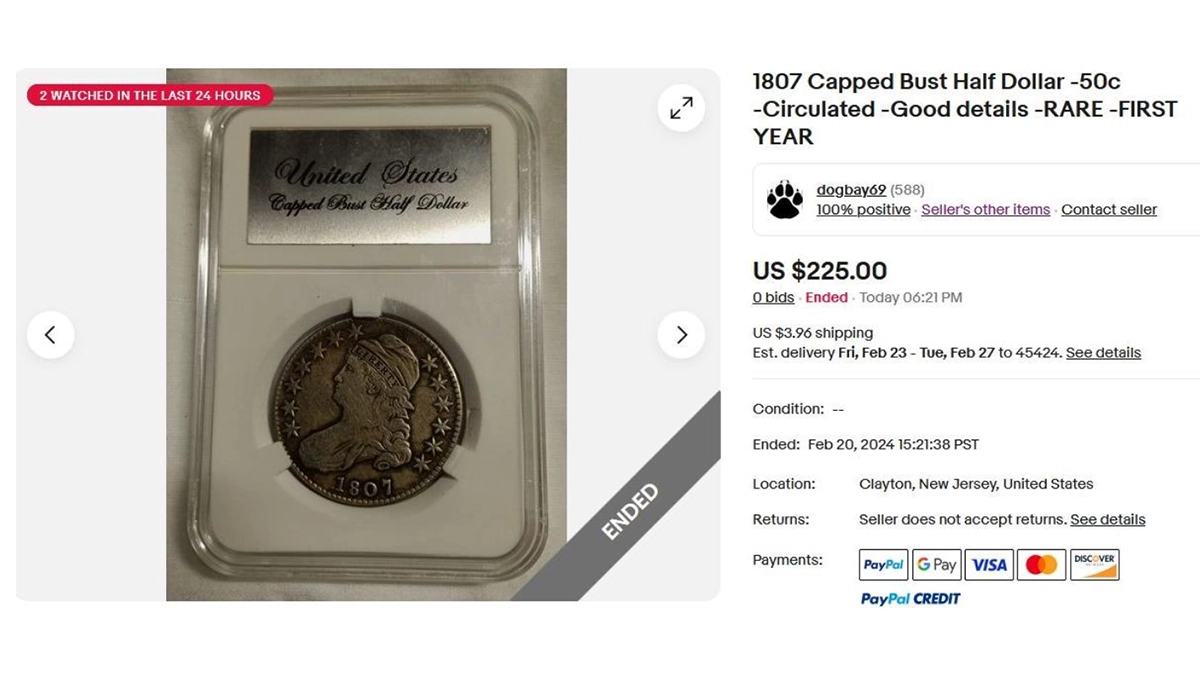 eBay listing of a counterfeit 1807 Capped Bust Half Dollar. 