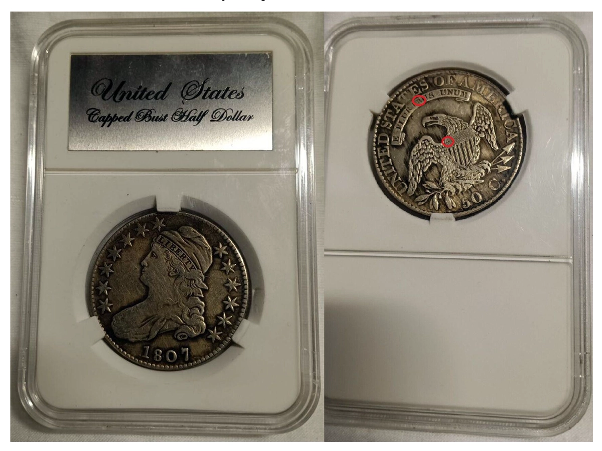 eBay listing of a counterfeit 1807 Capped Bust Half Dollar, front and back.