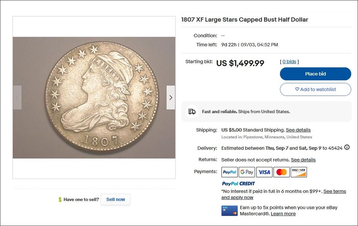 eBay listing of a counterfeit 1807 Capped Bust Half Dollar.