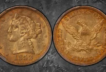 1853 Liberty Head Half Eagle. Image: Doug Winter Numismatics / CoinWeek.