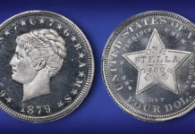 1879 $4 Stella Aluminum Pattern. Image: GreatCollections / CoinWeek.