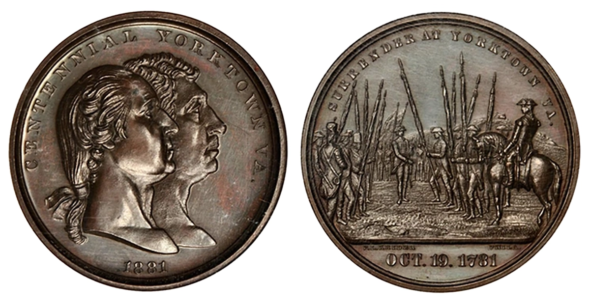 Paul Bartlett's design on the 1881 Surrender at Yorktown Medal. Image: Stack's Bowers.