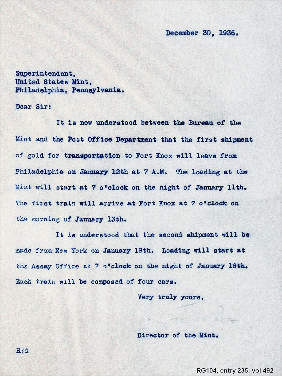 Mint Letter Dated December 30, 1936.