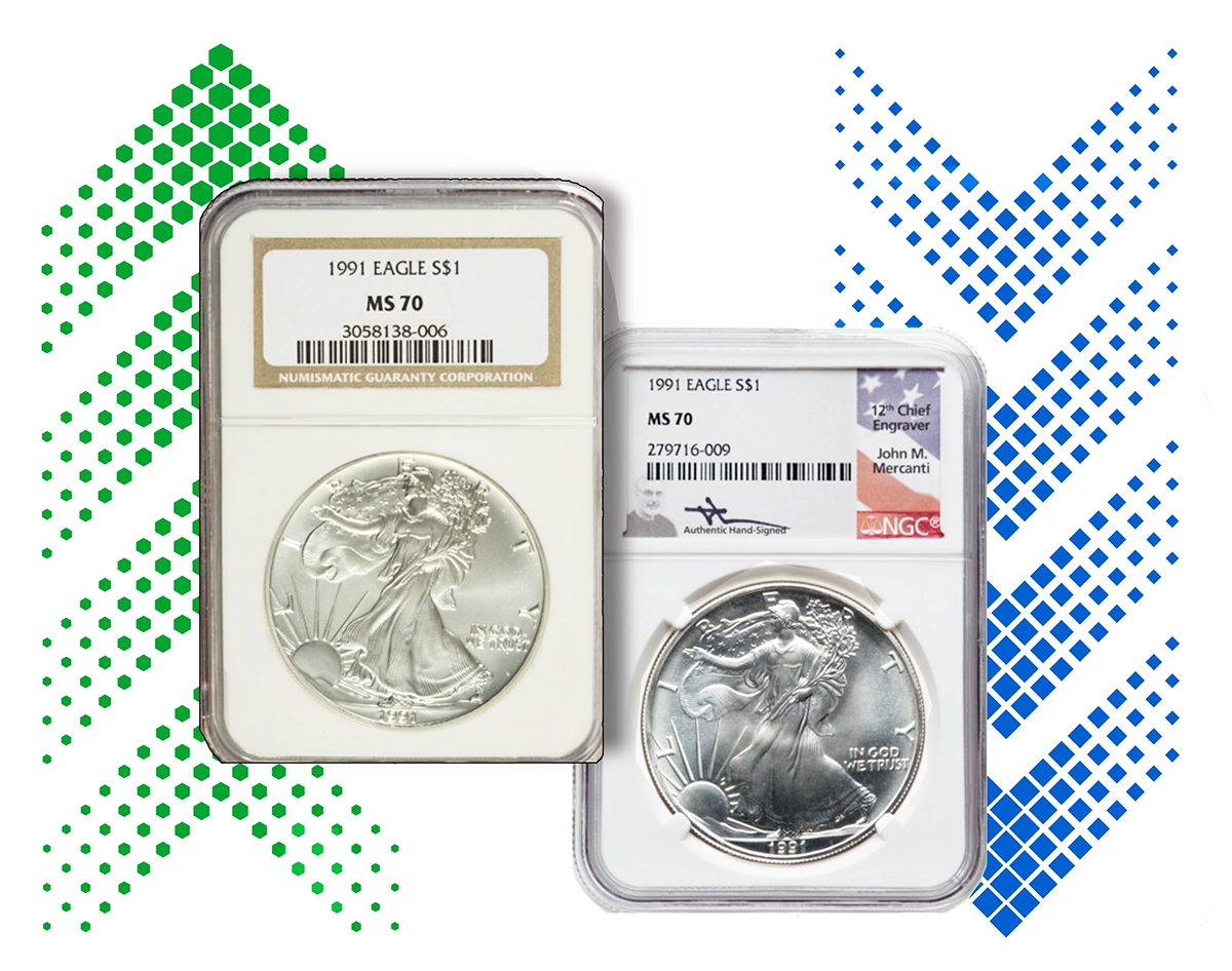 The 1991 American Silver Eagle on the left sold in 2009 for $34,500, while the one on the right sold in January 2024 for $1,080. Image: Heritage Auctions / CoinWeek.