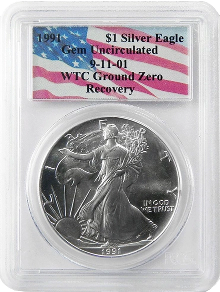 1991 American Silver Eagle in a PCGS 9-11-01 WTC Ground Zero Recovery Label. Image: CoinWeek.