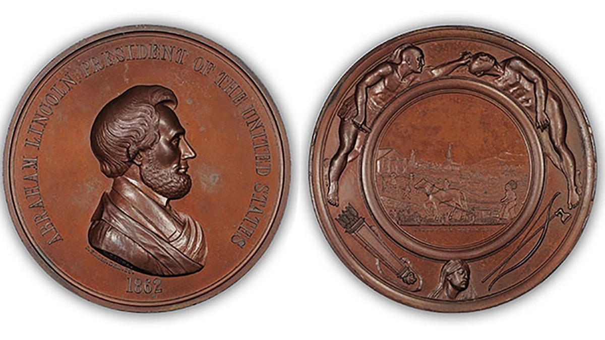 Abraham Lincoln Indian Peace Medal, in Bronze. Image: John Kraljevich Americana.