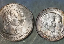 Accolated bust portraiture. Lafayette dollar (left) and Huguenot half dollar (right). Image: Stack’s Bowers.