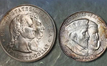 Accolated bust portraiture. Lafayette dollar (left) and Huguenot half dollar (right). Image: Stack’s Bowers.
