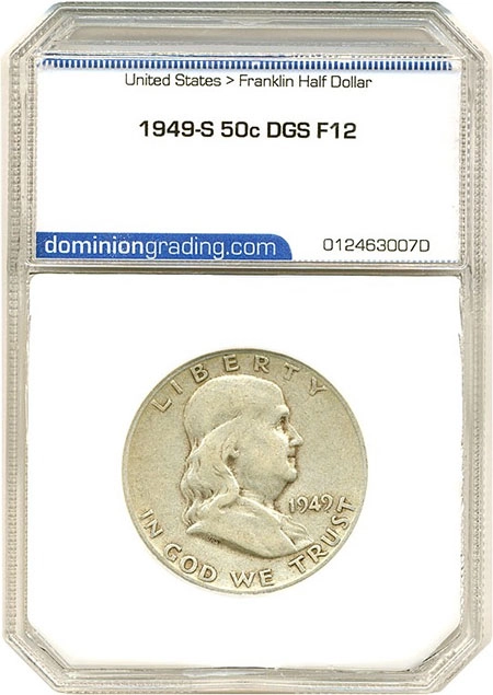 A Franklin half dollar graded F12 by Dominion Grading Service. Image: DLRC/ CoinHoarder.