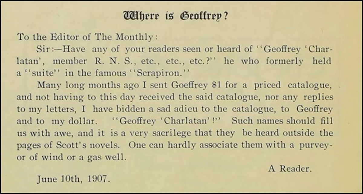 A “letter” to the editor from the June-July 1907 issue of The Elder Monthly. p. 3. Image: The Newman Numismatic Portal.