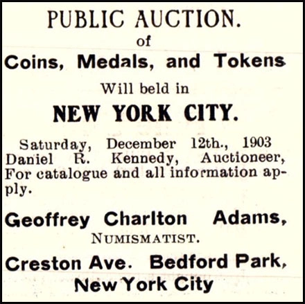 Adams placed this ad in the December 1903 issue of The Numismatist.
