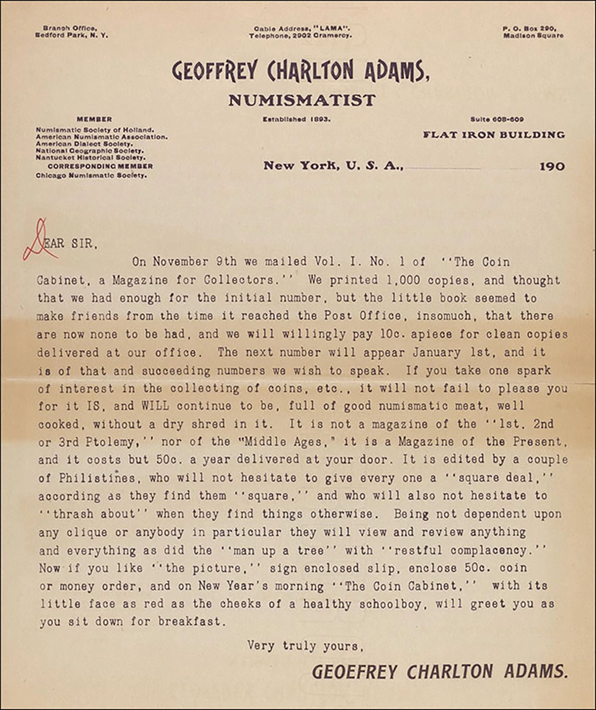 Solicitation for The Coin Cabinet on Geoffrey Charlton Adams' letterhead. Here Adams claims that his business was established in 1893. Image: Newman Numismatic Portal.