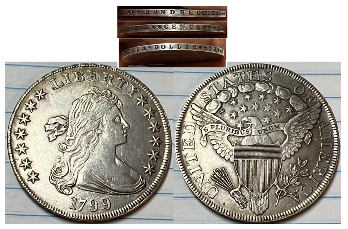 Images of Counterfeit 1799 dollar coins.