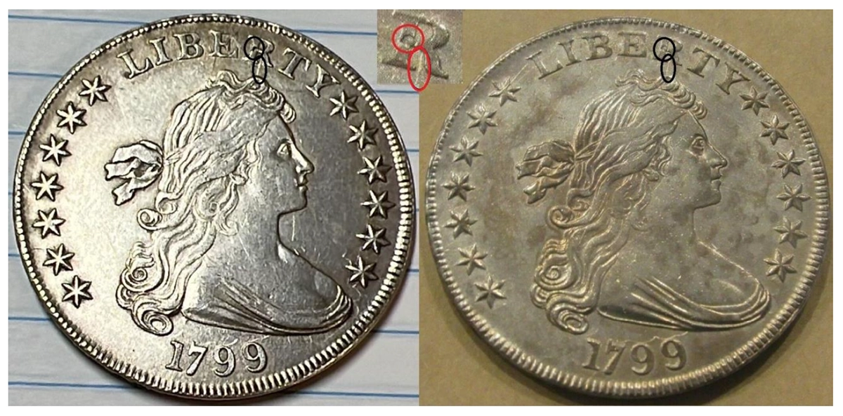 Side by side view of two counterfeit 1799 dollar coins.