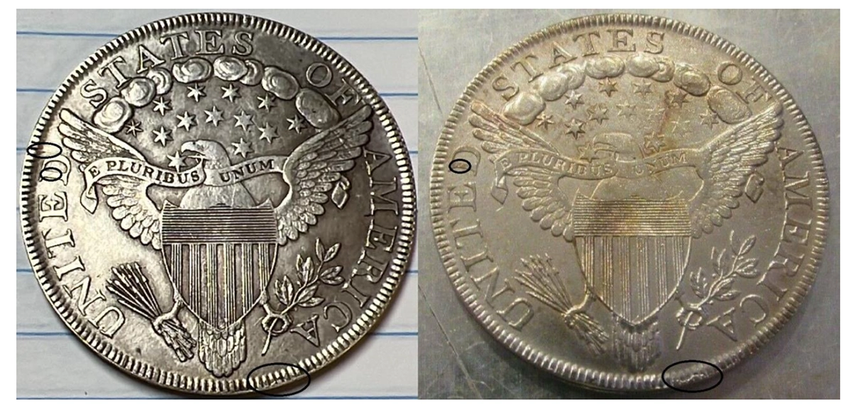 Side-by-side comparison of the reverse of two 1799 dollar fakes.