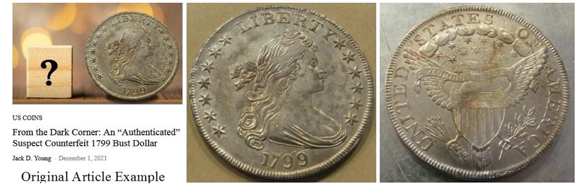 Images of Counterfeit 1799 dollar coins.