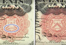 Close up of a Ten Cents Fractional Currency note from Series Five. Left: Long Key depicted at the bottom of the Treasury Seal. Right: Short Key variety. Image: Stack’s Bowers / CoinWeek.