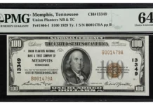 National Currency $100 Note Union Planters Bank of Memphis, Tennessee. Image: Stack's Bowers.