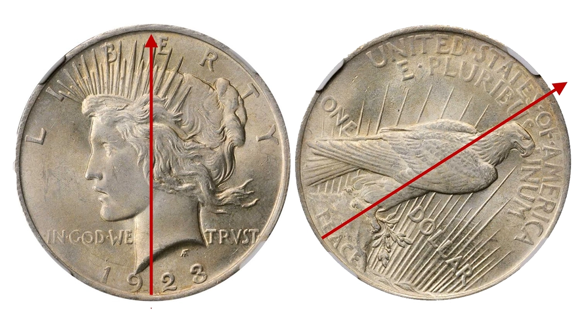 1923 Peace dollar with rotated alignment clearly seen on the coin. On this example, the reverse die is rotated approximately 60 degrees. Image: Stack’s Bowers/CoinWeek.