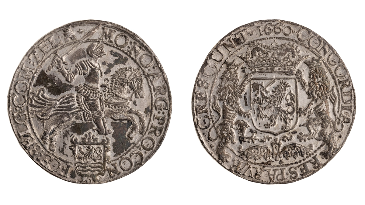 Figure 5: Silver ducaton, 1660, Zeeland Mint. The coin may have been struck using silver salvaged from the shipwreck of the Wapen van de Prins (ANS 1941.89.2, purchase).