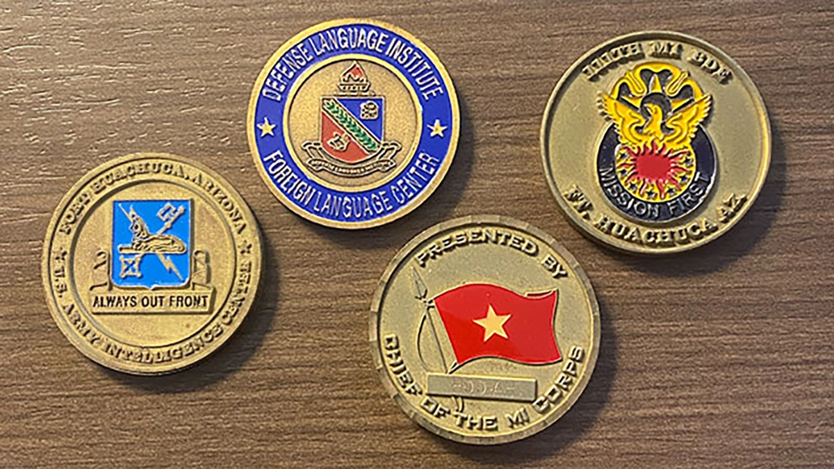 An assortment of challenge coins from Charles Morgan's personal collection.