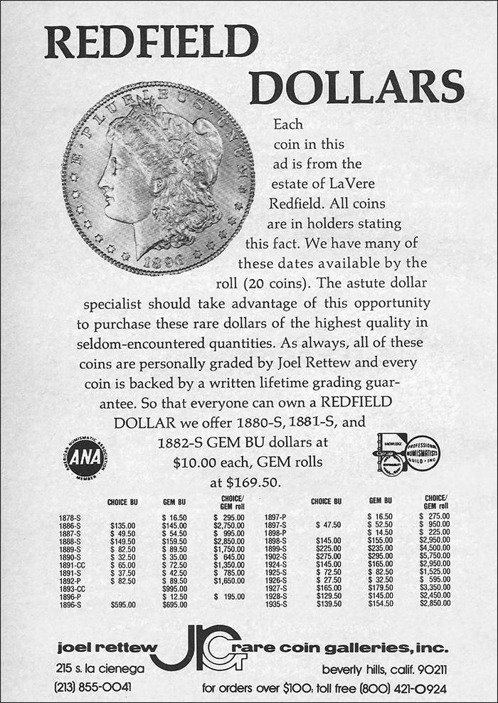Dealer Joel Rettew advertised coins from the Redfield Hoard in the August 1976 issue of The Numismatist.