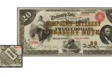 1864 $20 Compound Interest Treasury Note graded PCGS Extremely Fine 40 and ex: James a. Stack, Sr. This note was sold by Stack’s Bowers on March 22, 2018, for $28,800 USD. Image: Stack’s Bowers.