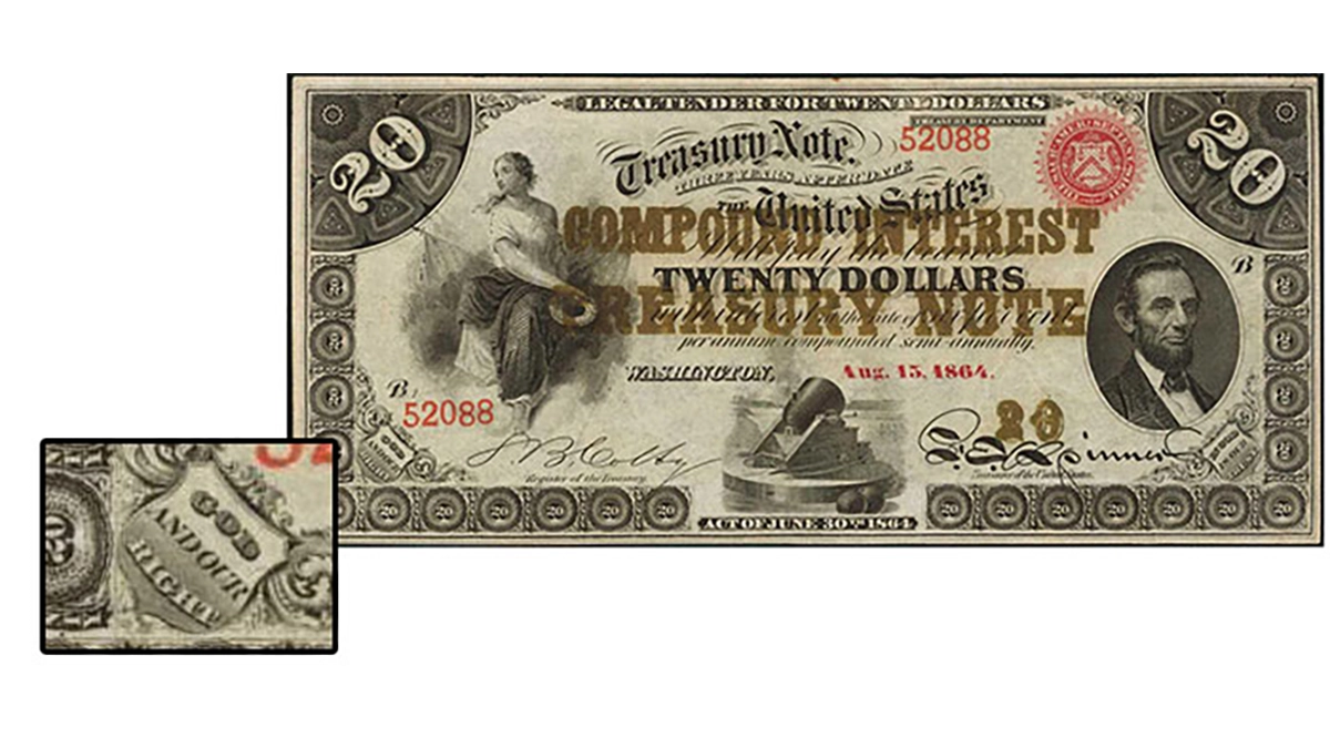 1864 $20 Compound Interest Treasury Note graded PCGS Extremely Fine 40 and ex: James a. Stack, Sr. Features the motto “God and Our Right”. This note was sold by Stack’s Bowers on March 22, 2018, for $28,800 USD. Image: Stack’s Bowers.