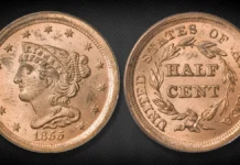1855 Braided Hair Half Cent graded NGC MS65RD. Image: Heritage Auctions (visit www.ha.com).