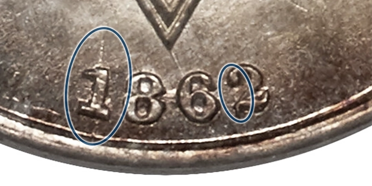 Close-up of an 1862/1 three-cent silver coin. The 1 underneath the 2 is best seen under glass, however the pronounced die crack, that runs through the 1 is usually diagnostic. Image: Heritage Auctions / CoinWeek.