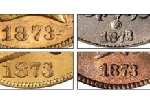 Open 3 date logotypes for the half eagle, double eagle, nickel five cent coin, and the cent.