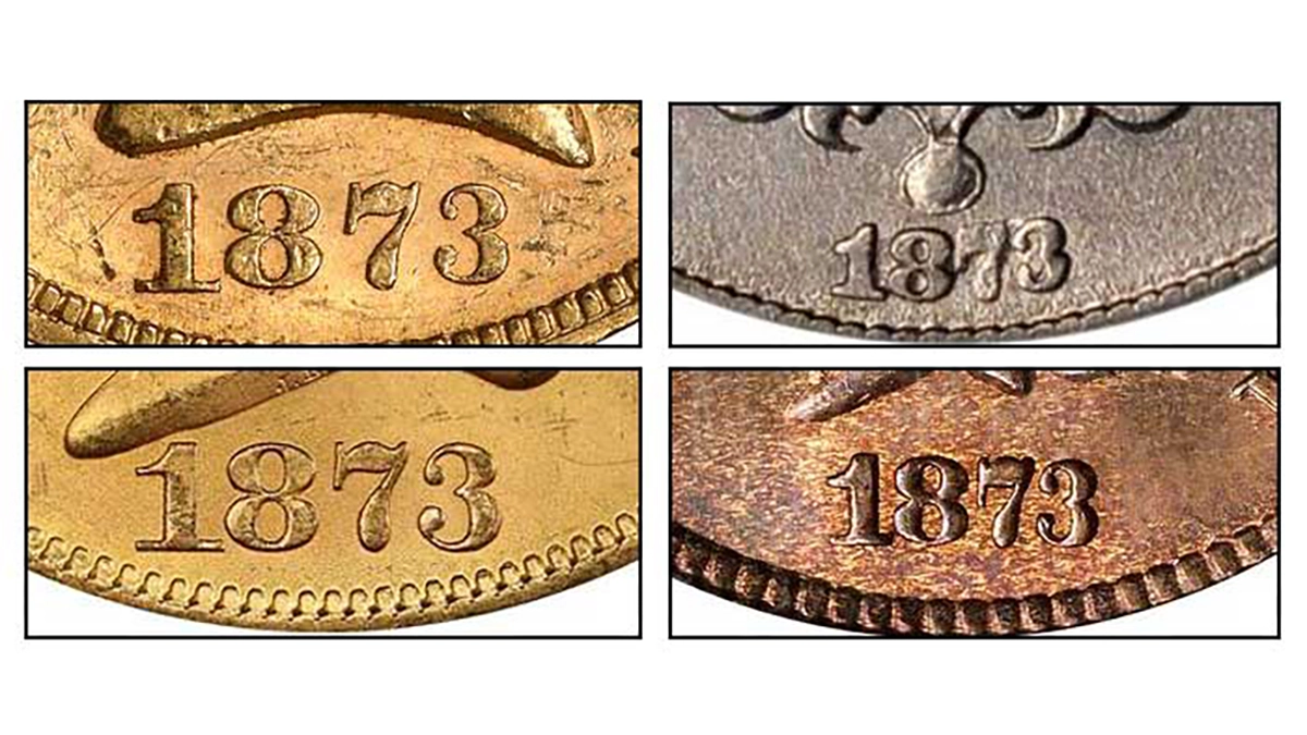 Open Three date logotypes for the half eagle, double eagle, nickel-five cent coin, and the cent.