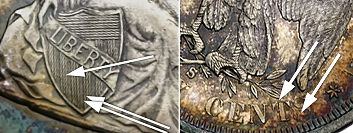 1875-S Proof Twenty-Cent Piece diagnostics. Left: three horizontal die polish lines in the shield below LIBERTY. Right: Left serif of T and S broken off. Image: Goldberg Auctioneers / CoinWeek.