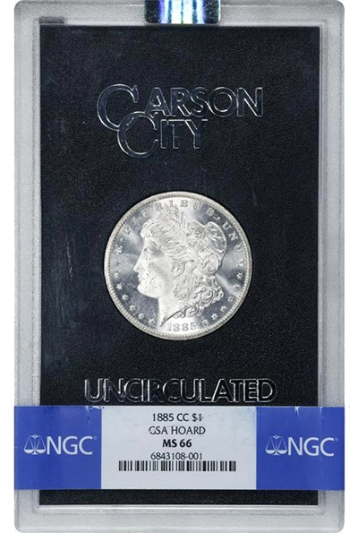 1885-CC Morgan Dollar in a GSA holder. This coin was graded MS66 by NGC. Image: Stack's Bowers.