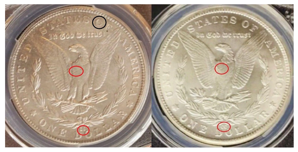 Side-by-side comparison of two fake 1893-CC Morgan dollars. Screenshot: eBay.