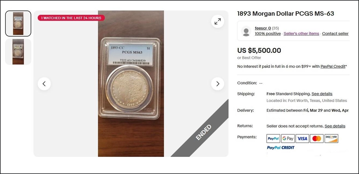 An eBay listing for a counterfeit 1893-CC Morgan Dollar.