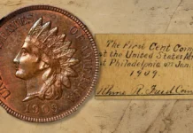1909 Indian Head Cent, reportedly the first one struck that year. Image: Stack's Bowers.