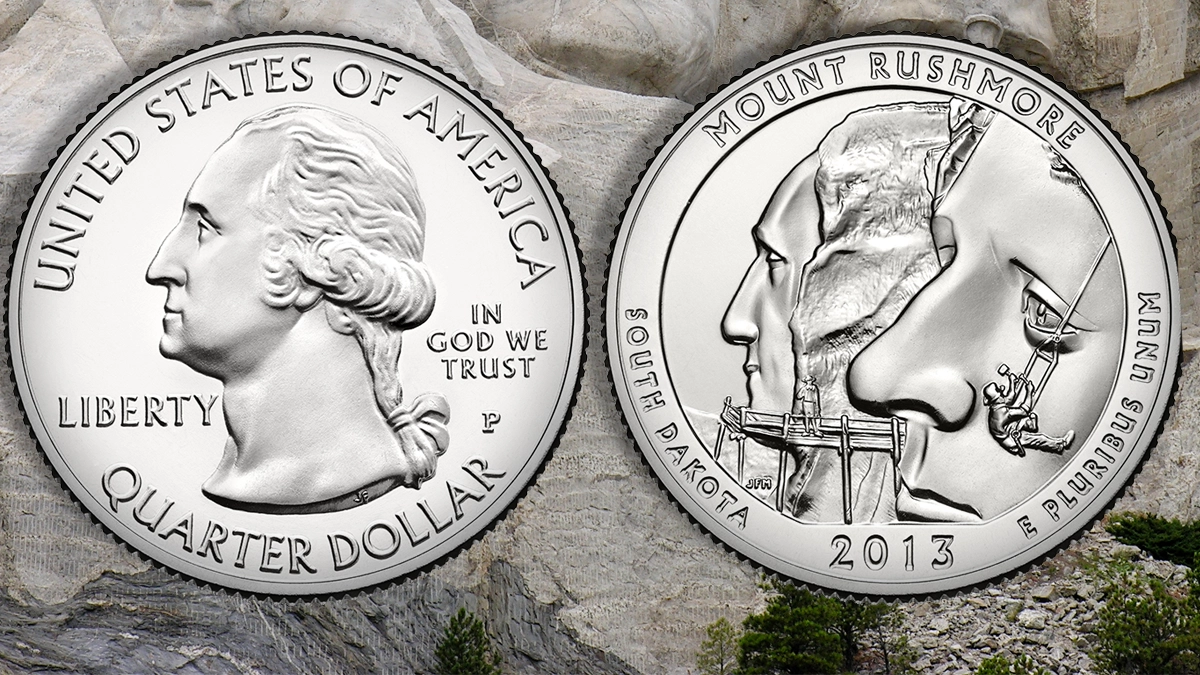 2013-P Mount Rushmore Quarter. Image: Adobe Stock / U.S. Mint / CoinWeek.
