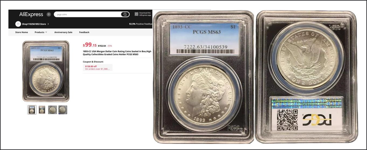 Fake PCGS Slabbed 1893-CC offered on AliExpress.