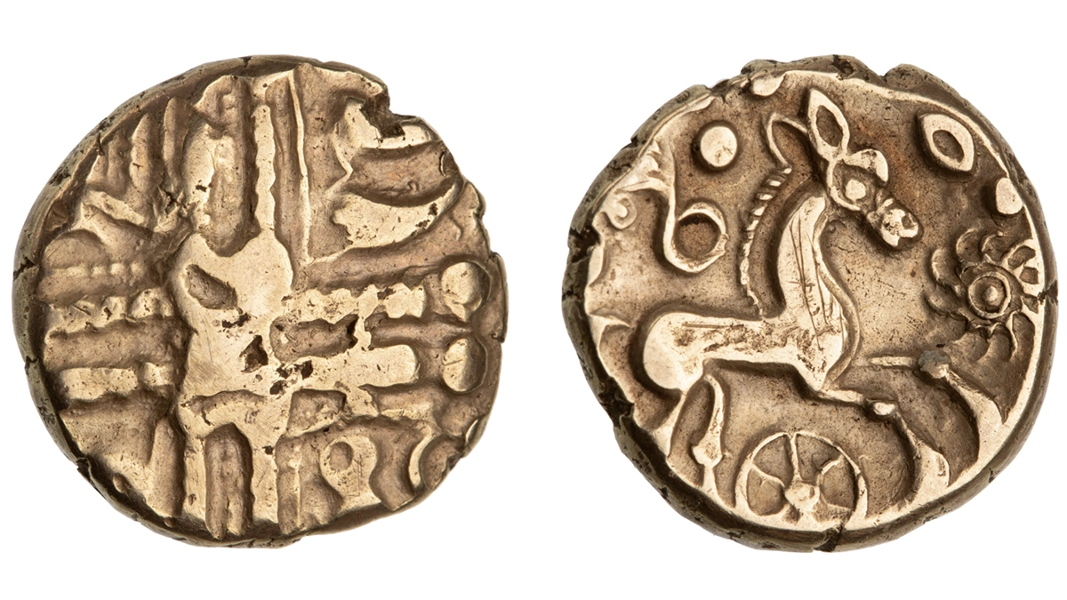 Figure 1. Catuvellauni gold stater depicting horse, chariot wheel, and astral imagery. (ANS 1944.100.78360)