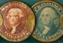 Five and Ten cent encased postage "coins". Image: Stack's Bowers / CoinWeek.