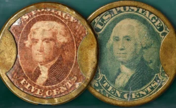 Five and Ten cent encased postage "coins". Image: Stack's Bowers / CoinWeek.
