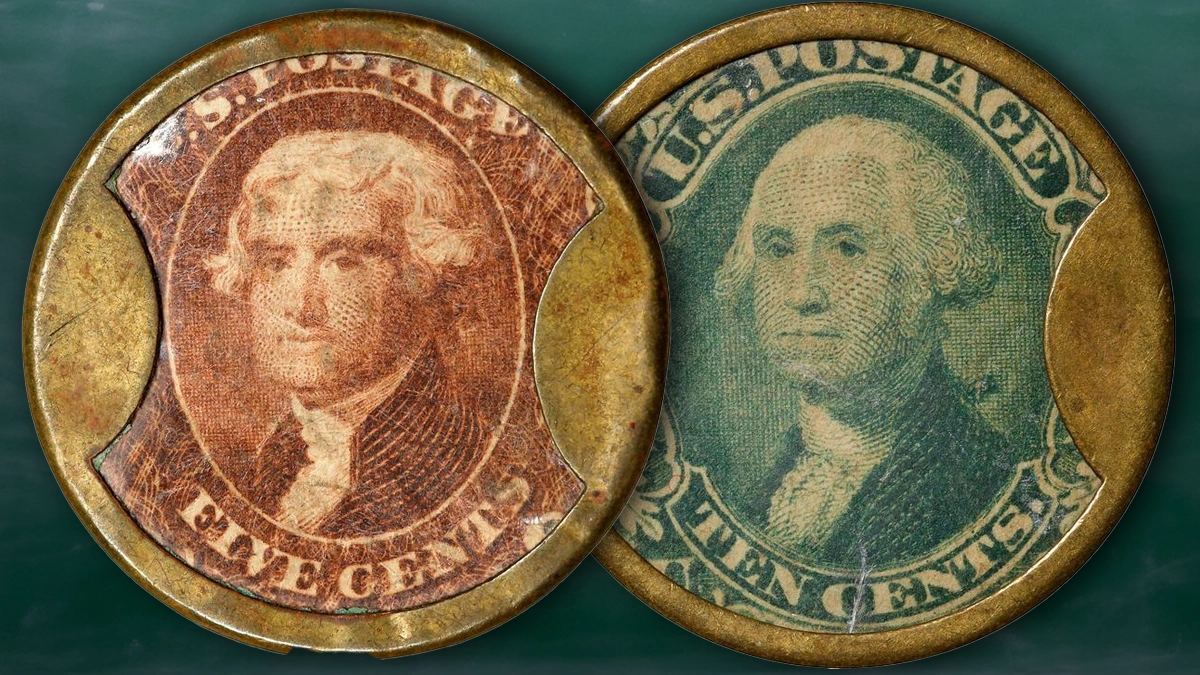 Unusual Five and Ten cent encased postage "coins". Image: Stack's Bowers / CoinWeek.