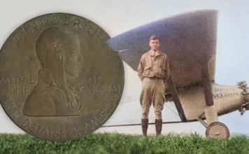 Charles Lindbergh stands next to The Spirit of St. Louis. To the left: A bronze galvano of the obverse of the Lindbergh Congressional Gold Medal. Image: Byers / Adobe Stock / CoinWeek.