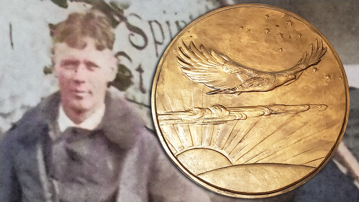 Charles Lindbergh stands next to The Spirit of St. Louis. To the left: A bronze galvano of the reverse of the Lindbergh Congressional Gold Medal. Image: Byers / Adobe Stock / CoinWeek.