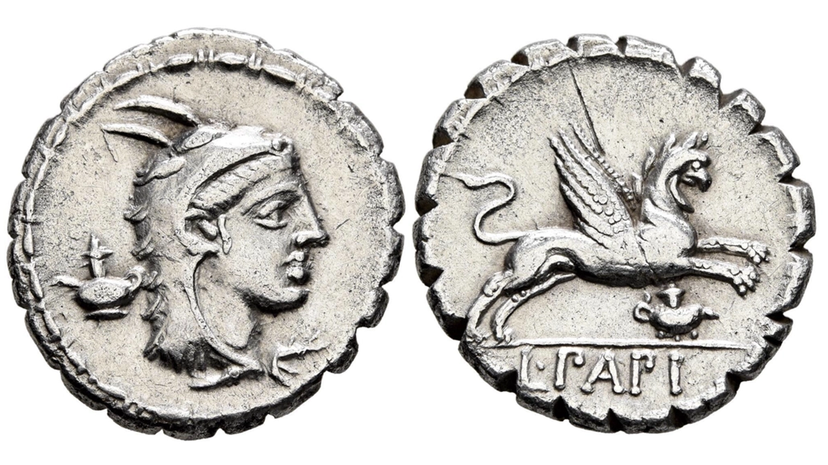 L. Papius, 79 BCE. Silver Denarius, Rome. Image: Leu Numismatik AG.