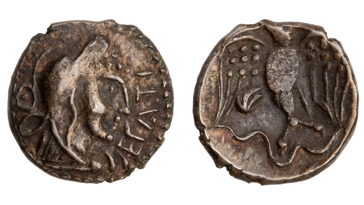 Figure 3. Reverse of a silver unit depicting an eagle and snake issued under Epatticus of the Atrebates tribe. (ANS 1977.22.1).