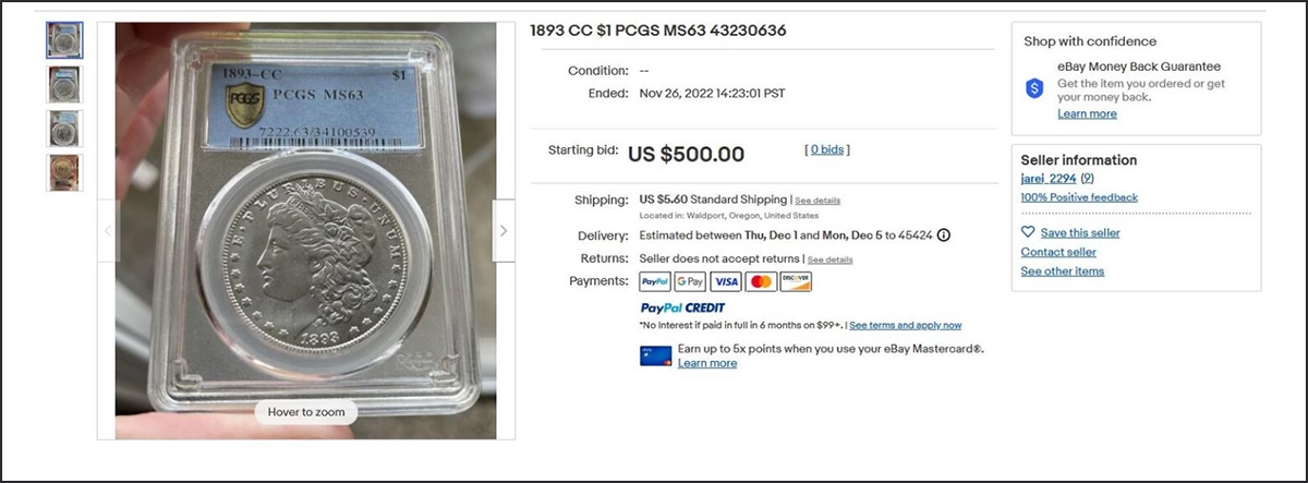 eBay listing for a "PCGS 1893-CC Morgan Dollar. Screenshot: eBay.