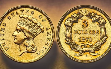 1870-S Three Dollar Gold Coin. Image: Heritage Auctions / CoinWeek.